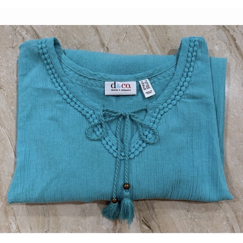 d&co Denim & Company Women’s 1X Turquoise Boho Peasant Blouse - Picture 11 of 12